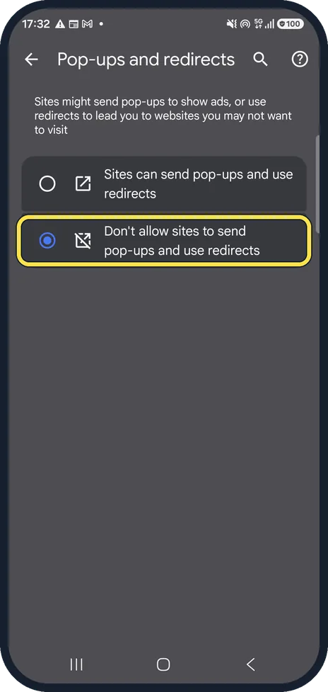Android screenshot: Block pop-ups in Chrome