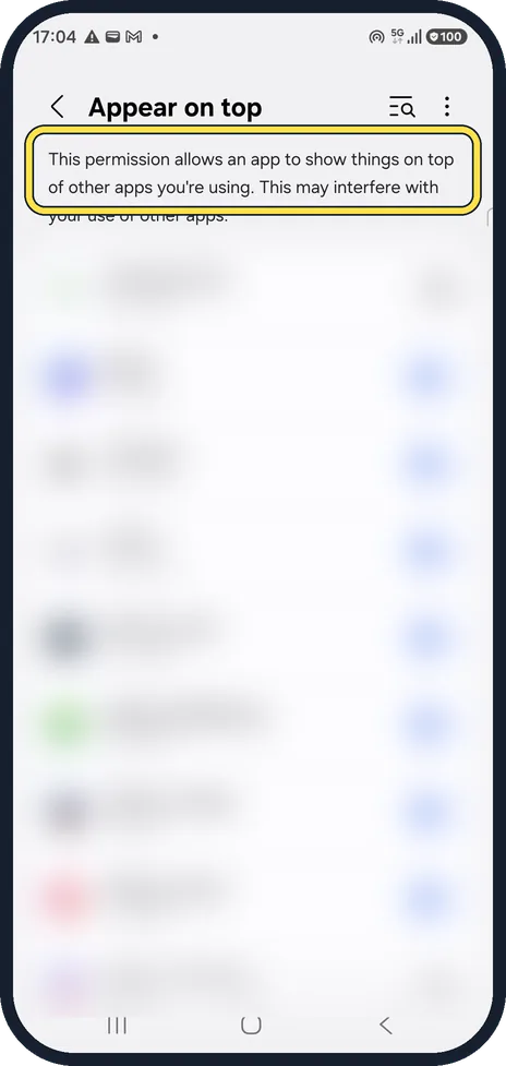 Android screenshot: Find apps that draw over others