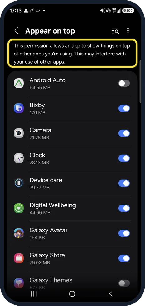 Android screenshot: Find apps that draw over others