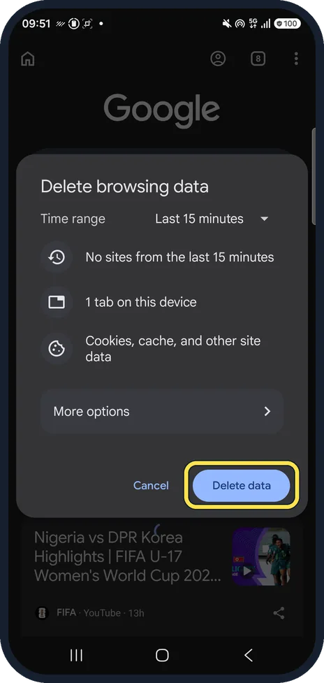Android screenshot: Clear Chrome site data
