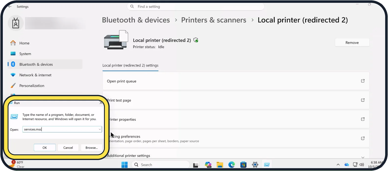 Windows screenshot: Open Services