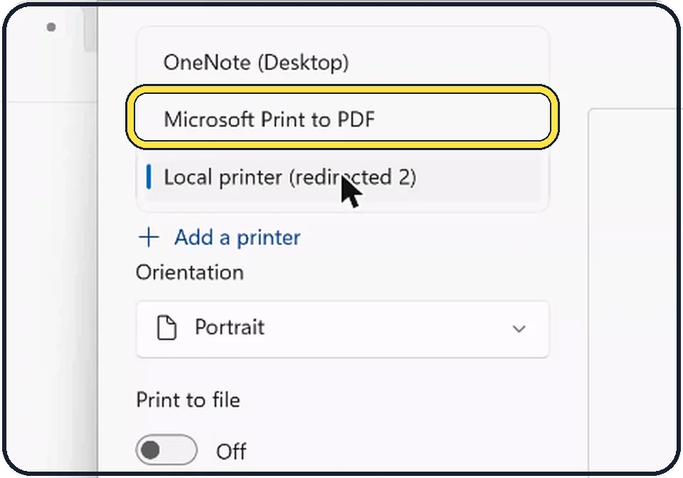Windows screenshot: Choose Microsoft Print to PDF