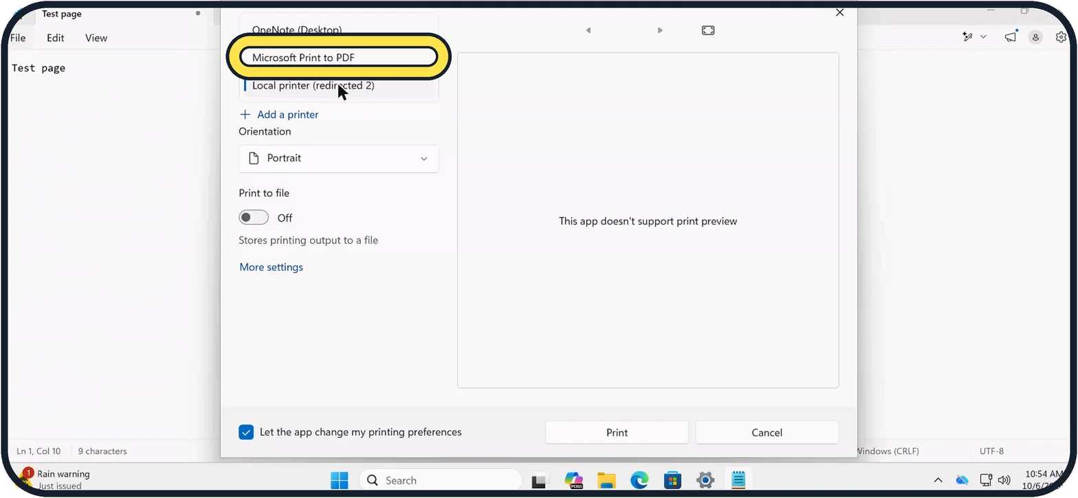 Windows screenshot: Choose Microsoft Print to PDF