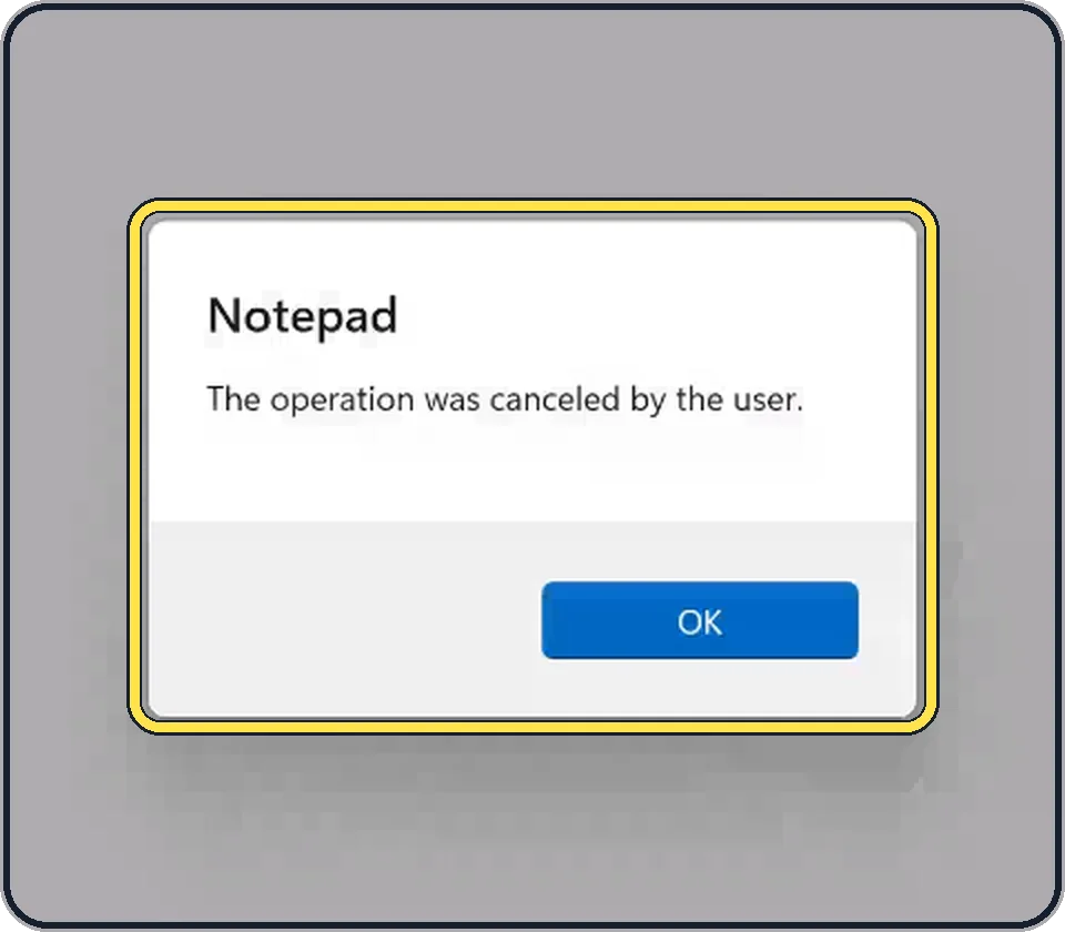 Windows screenshot: "The operation was canceled by the user"