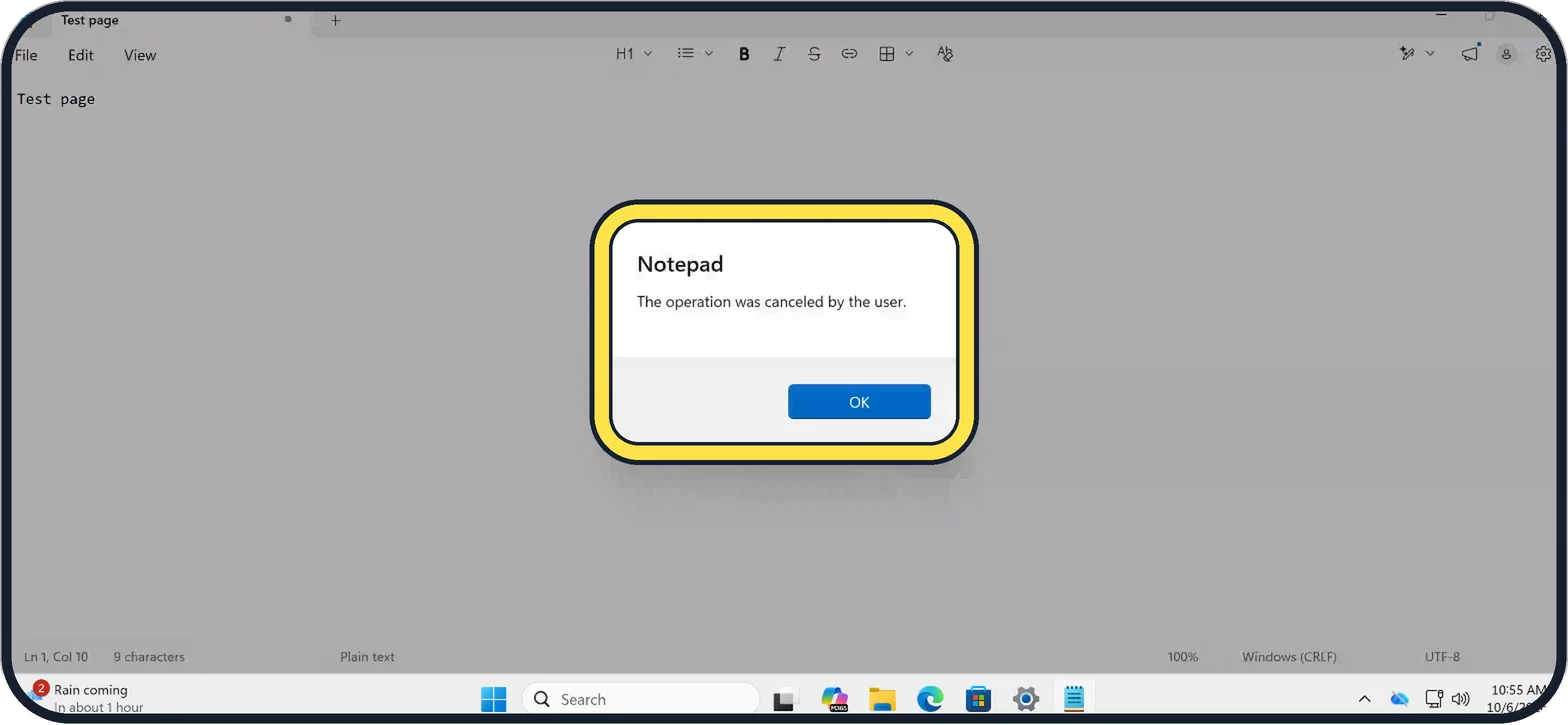 Windows screenshot: "The operation was canceled by the user"