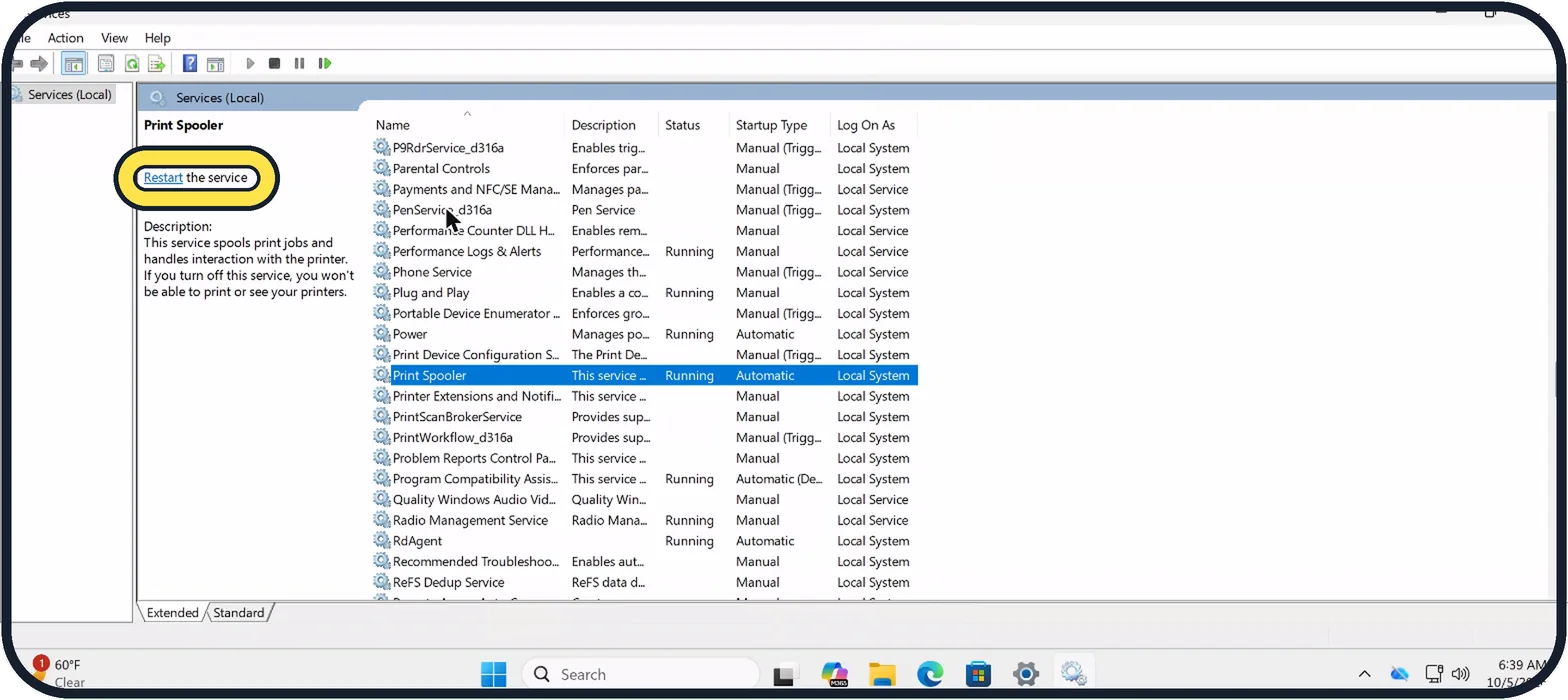 Windows screenshot: Restart the Print Spooler