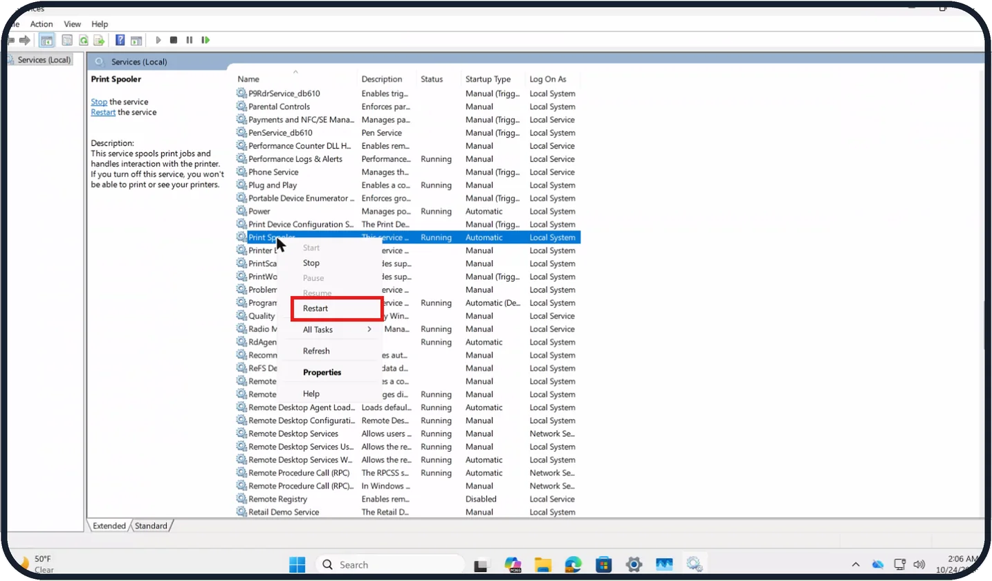 Windows screenshot: Or right-click Print Spooler and choose Restart