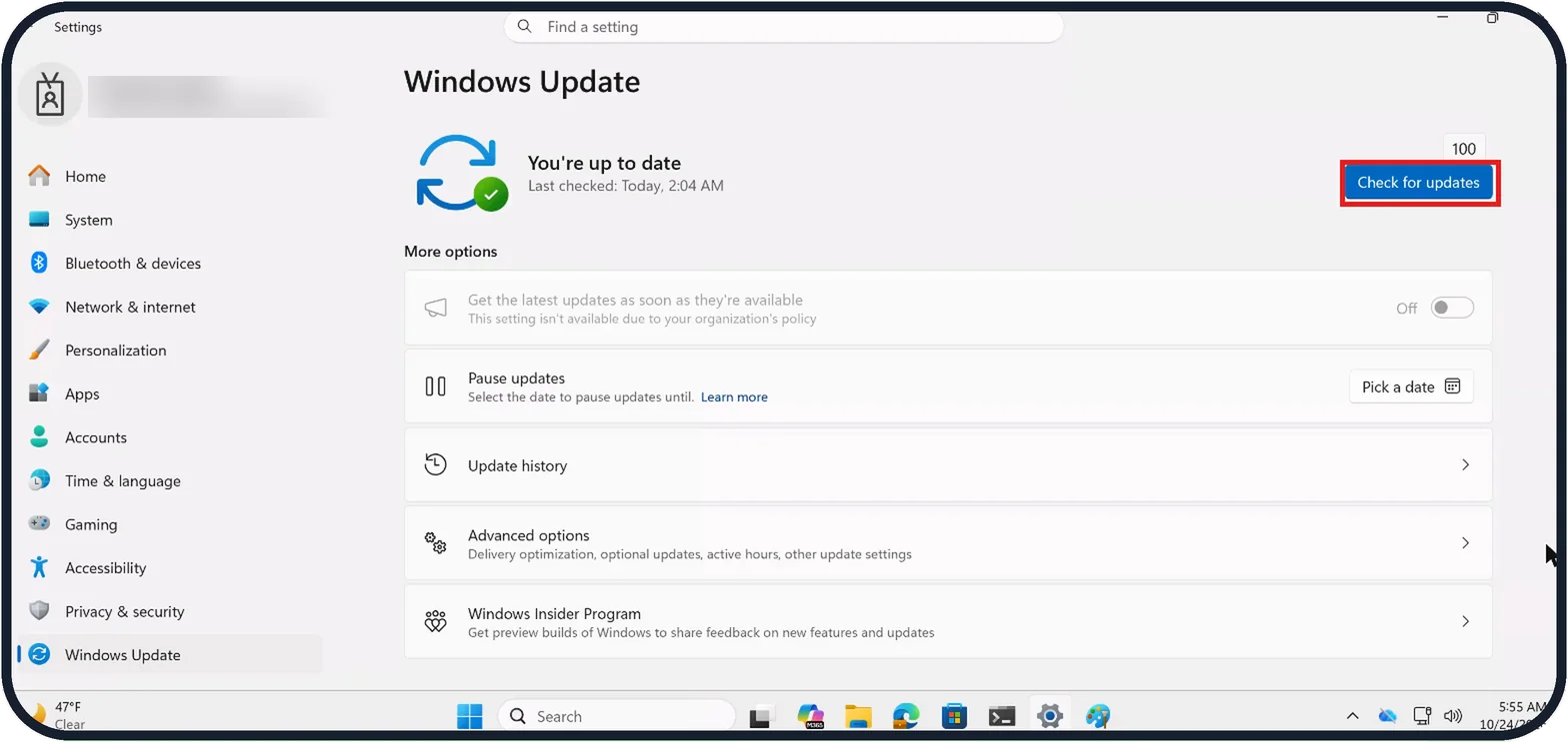 Windows screenshot: Check for Windows updates