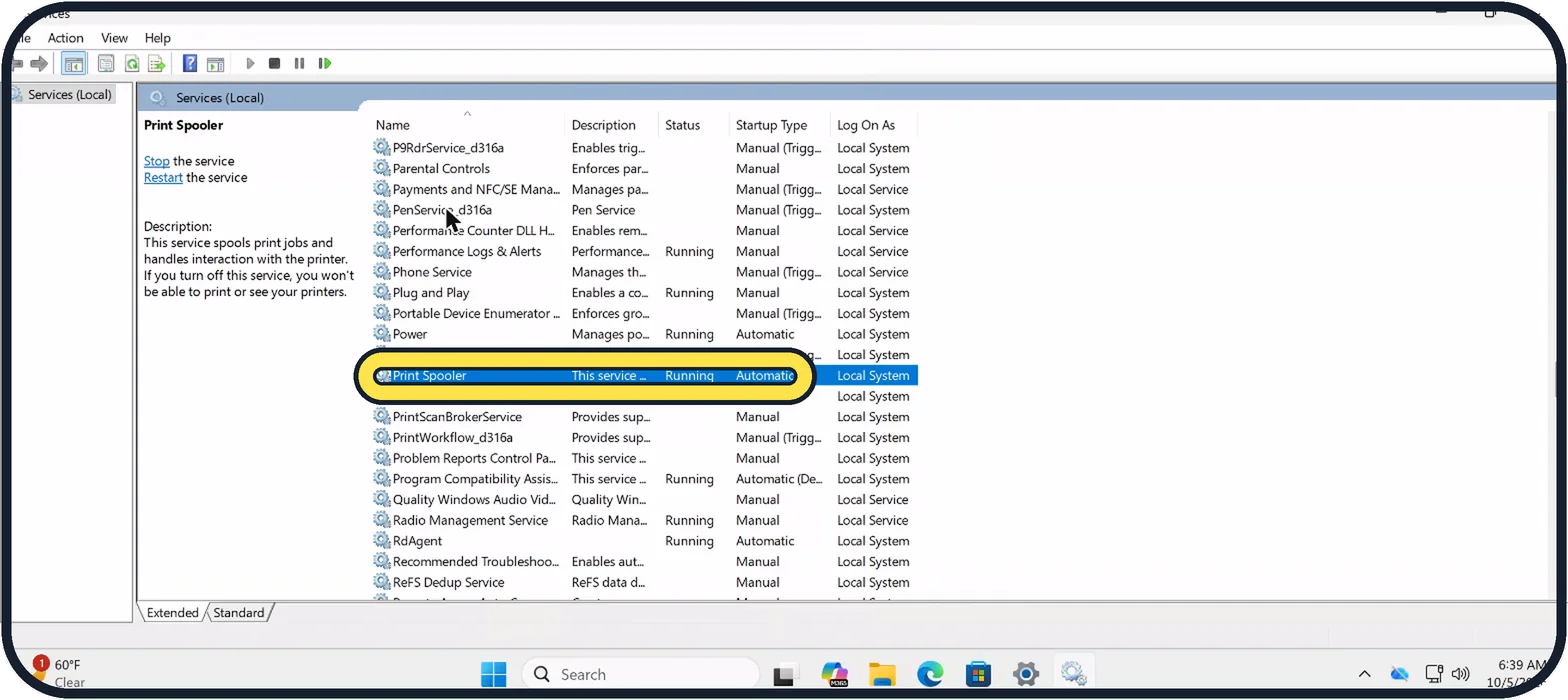 Windows screenshot: Restart the Print Spooler