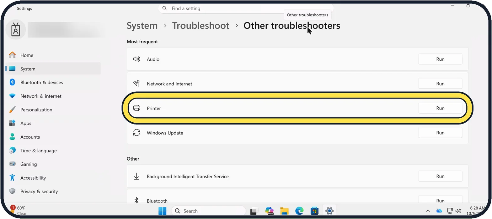Windows screenshot: Run the printer troubleshooter