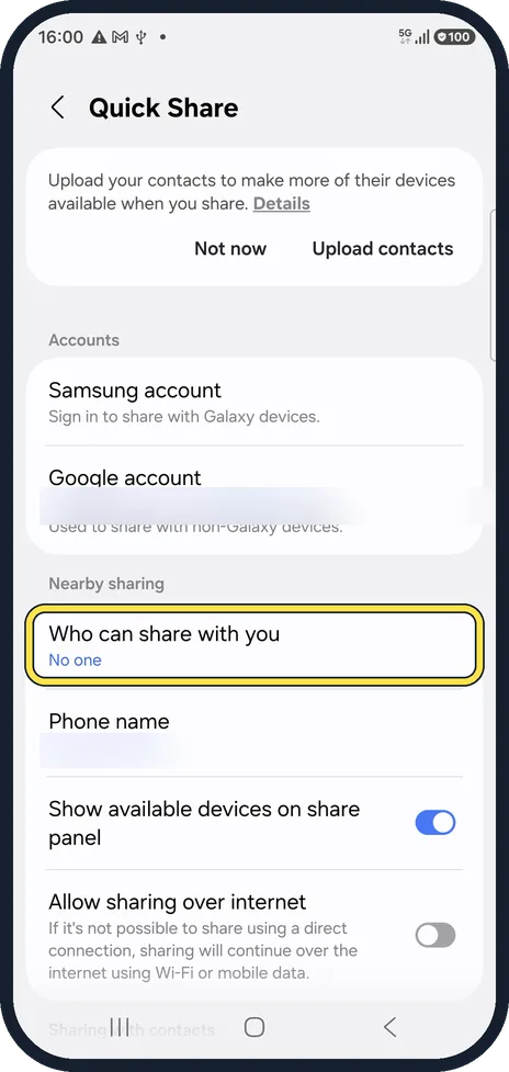 Android screenshot: Let others share with you