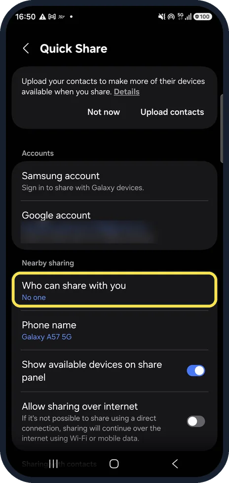 Android screenshot: Let others share with you