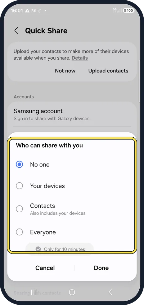 Android screenshot: Pick who can share