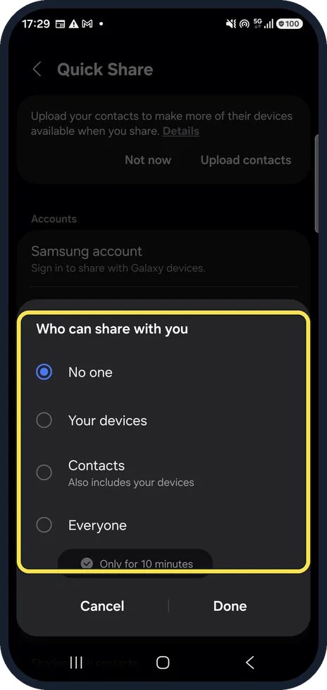 Android screenshot: Pick who can share