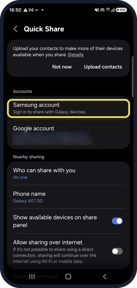 Android screenshot: Sign in to your Samsung account
