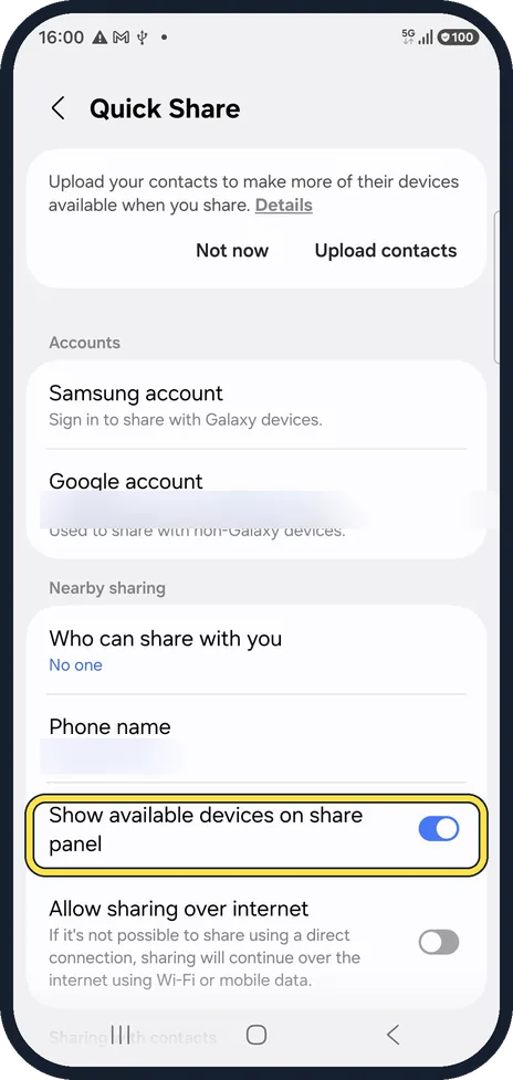 Android screenshot: Show devices on the share panel