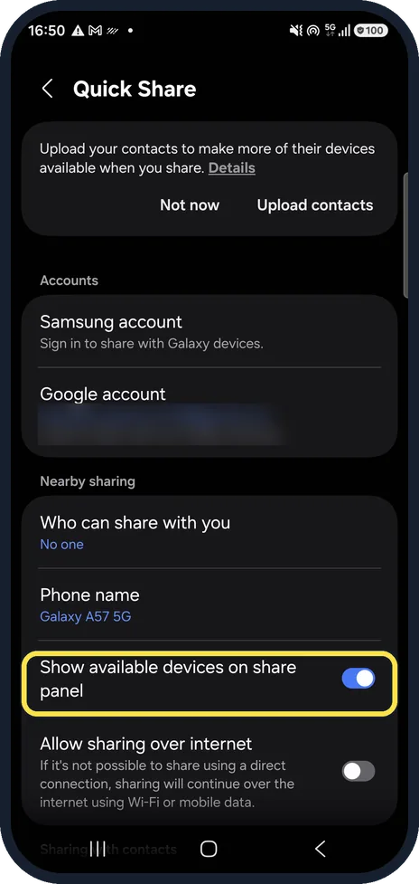 Android screenshot: Show devices on the share panel