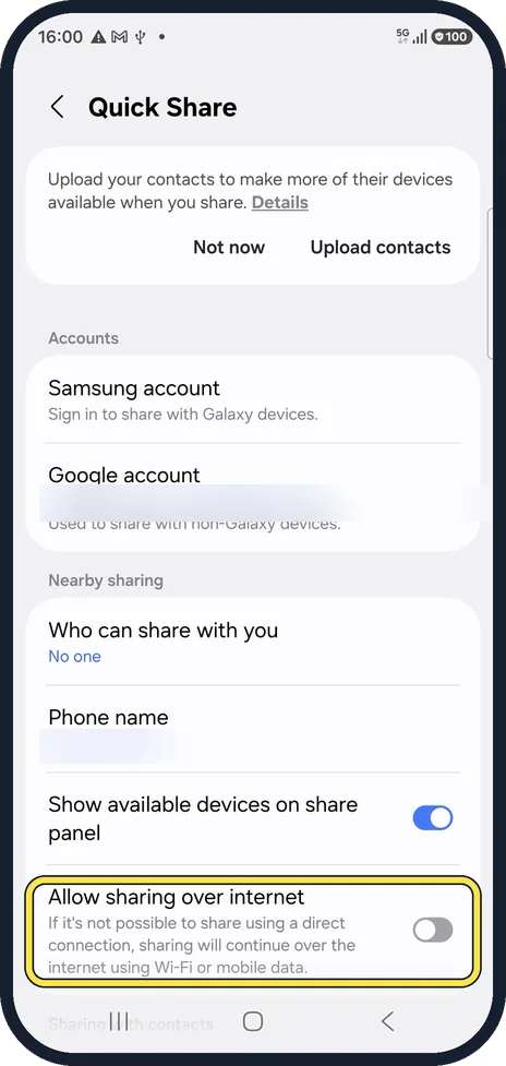 Android screenshot: Allow sharing over the internet