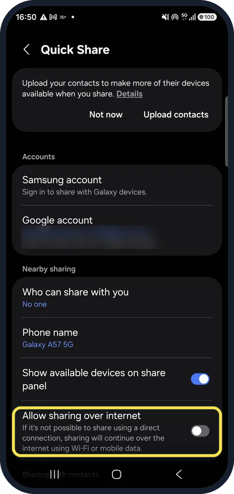 Android screenshot: Allow sharing over the internet