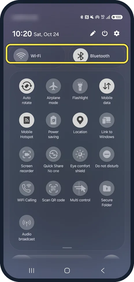 Android screenshot: Bluetooth and Wi-Fi on, hotspot off