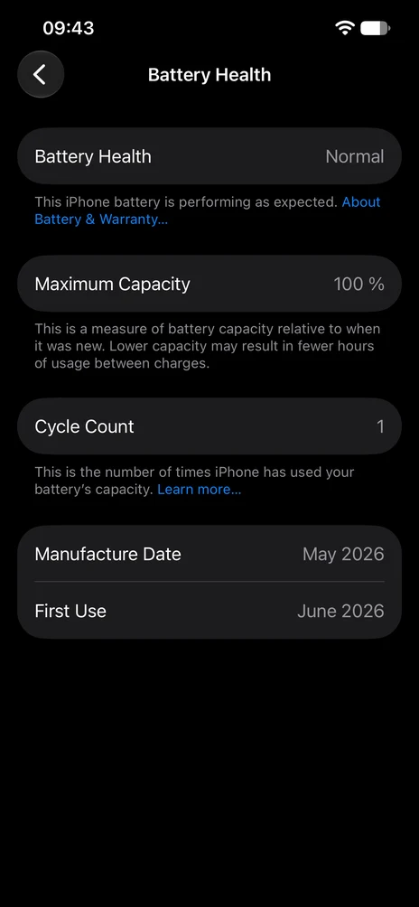 iPhone 17e Settings, Battery Health page showing Battery Health Normal, Maximum Capacity 100%, Cycle Count 1, Manufacture Date May 2026 and First Use June 2026