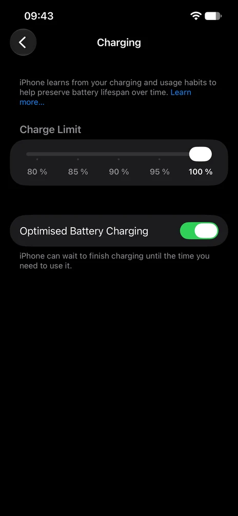 iPhone 17e Settings, Battery, Charging page with a Charge Limit slider from 80% to 100% set to 100% and Optimised Battery Charging switched on