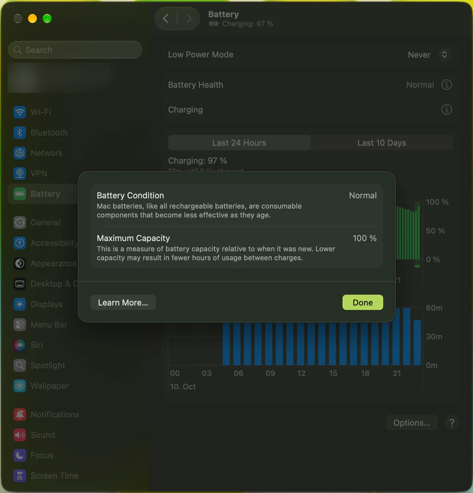 MacBook Neo Battery Health popover showing Battery Condition Normal and Maximum Capacity 100%