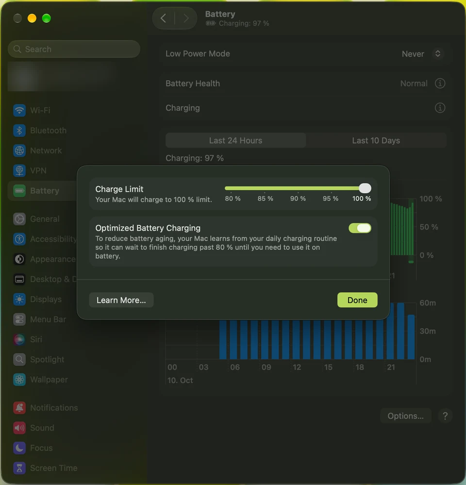 MacBook Neo Charging popover with a Charge Limit slider from 80% to 100% and Optimized Battery Charging switched on