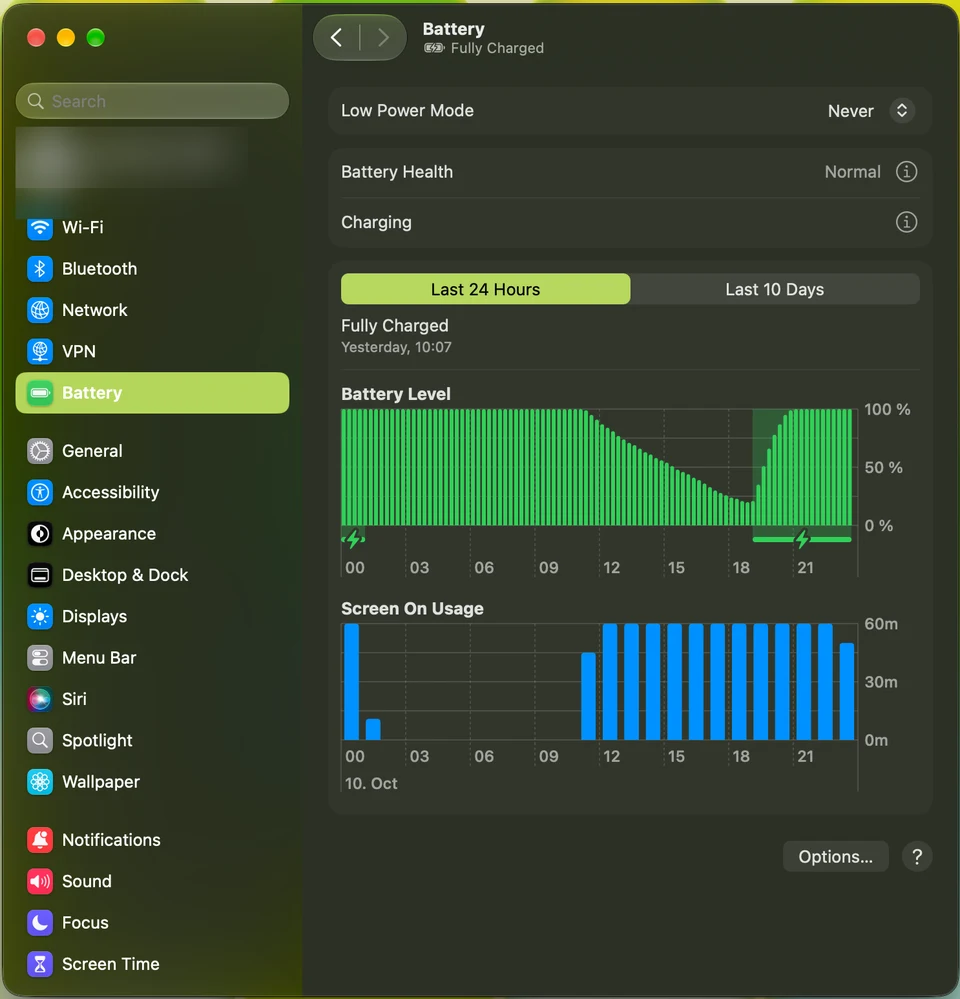 MacBook Neo System Settings, Battery page, with Battery Health showing Normal