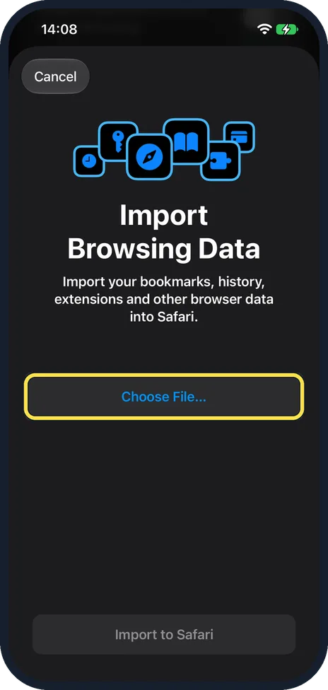 iPhone screen: Tap Choose File