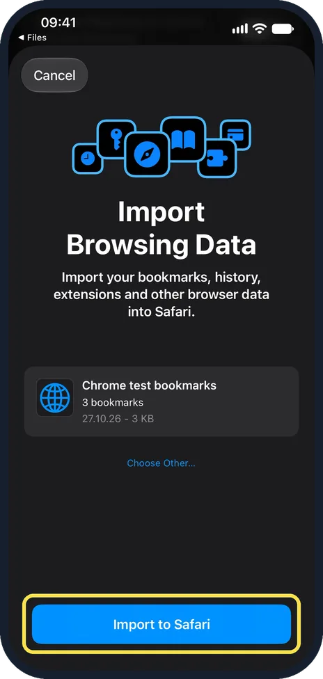 iPhone screen: Tap Import to Safari