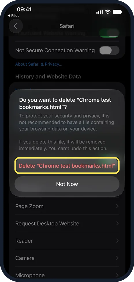 iPhone screen: Delete the export file