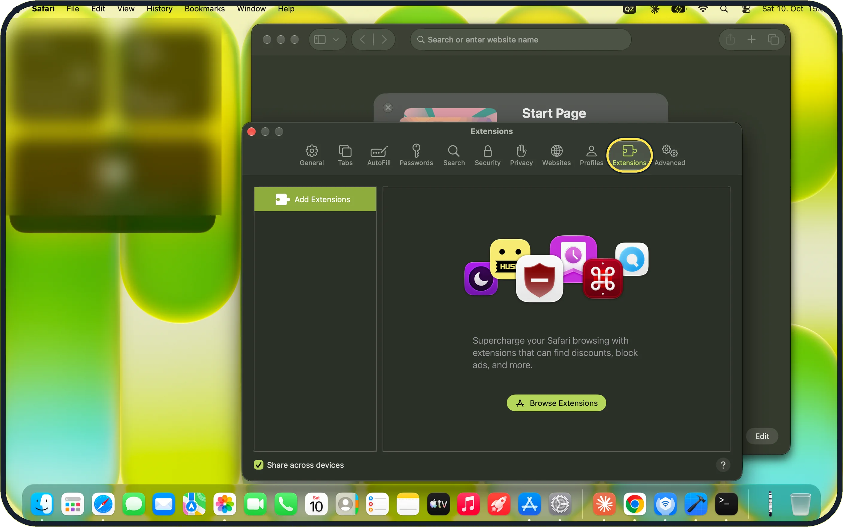 Mac screenshot: Switch off extensions