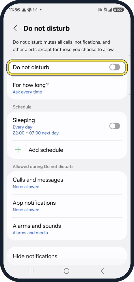 Android screenshot: Open Do not disturb