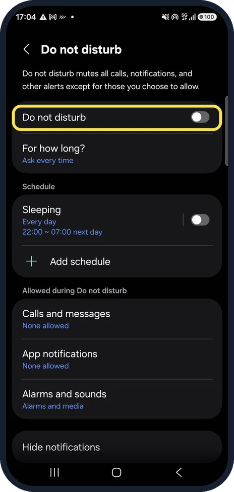 Android screenshot: Open Do not disturb