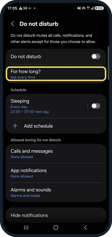 Android screenshot: Check For how long