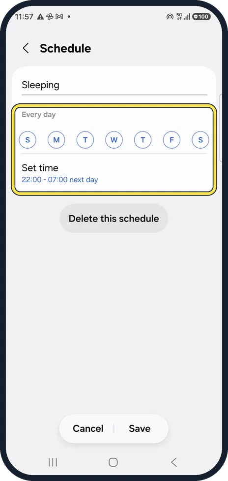 Android screenshot: Change or delete a schedule