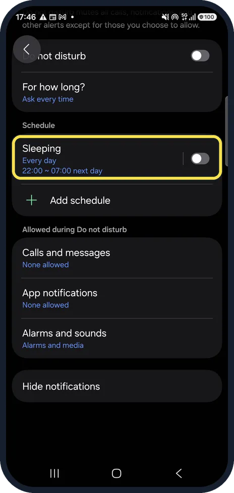 Android screenshot: Change or delete a schedule
