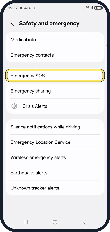 Android screenshot: Open Emergency SOS