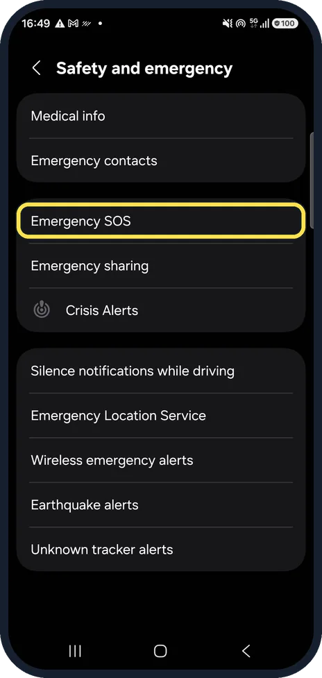 Android screenshot: Open Emergency SOS