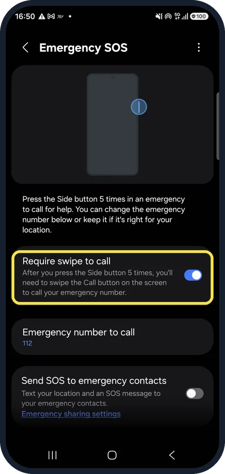 Android screenshot: Keep Require swipe to call on