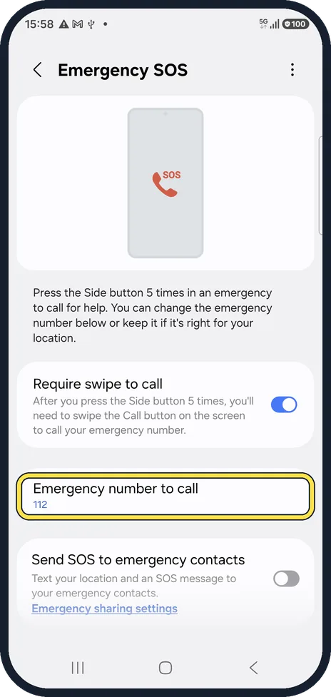 Android screenshot: Check the emergency number