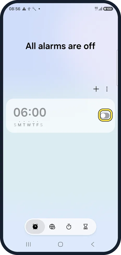 Android screenshot: Check the alarm is on