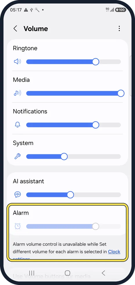 Android screenshot: Set the volume inside the alarm