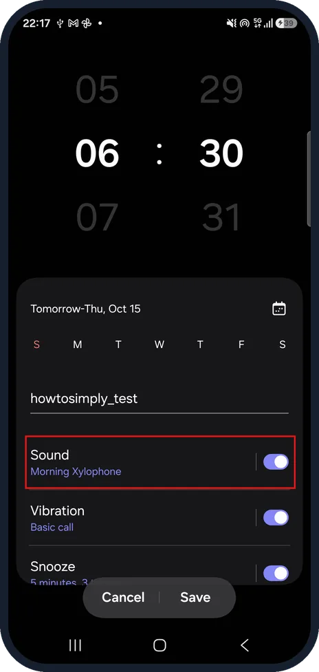 Android screenshot: Open the alarm and tap Sound