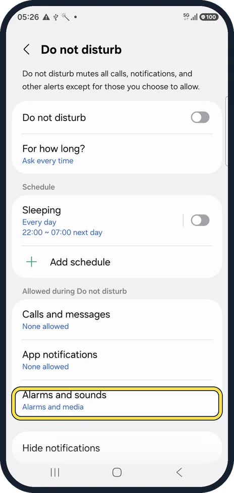 Android screenshot: Let alarms through Do not disturb