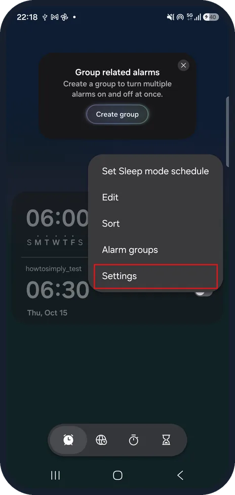 Android screenshot: Open Clock settings