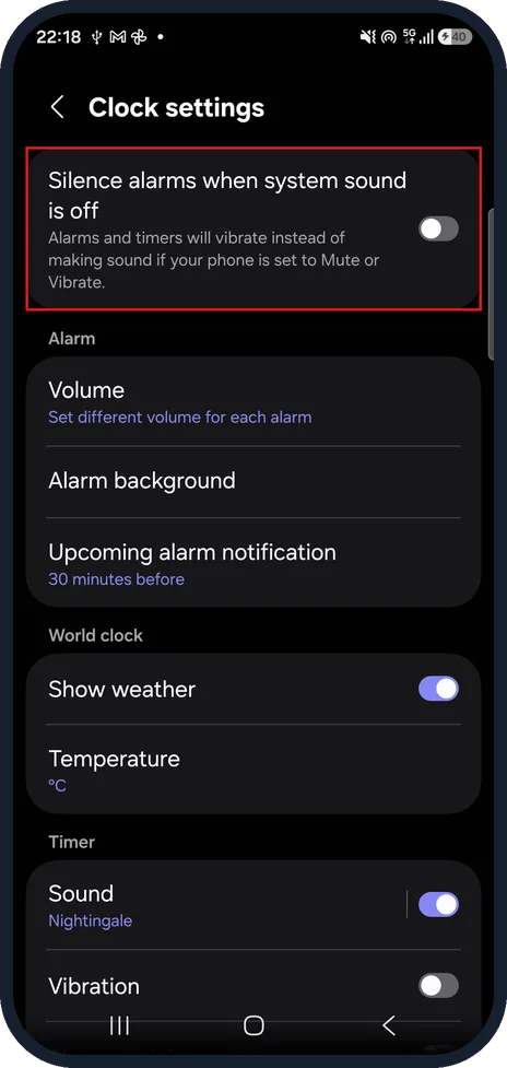 Android screenshot: Turn off Silence alarms when system sound is off