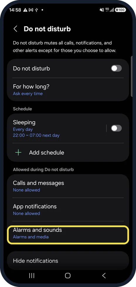 Android screenshot: Let alarms through Do not disturb