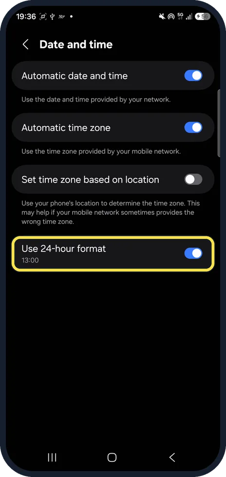 Android screenshot: Open Date and time